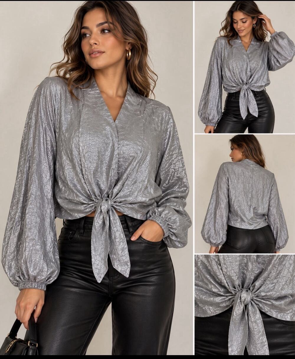 Fifteen Twenty Y2K Metallic Silver L Tie Front Blouse Dolman Sleeves Party Disco